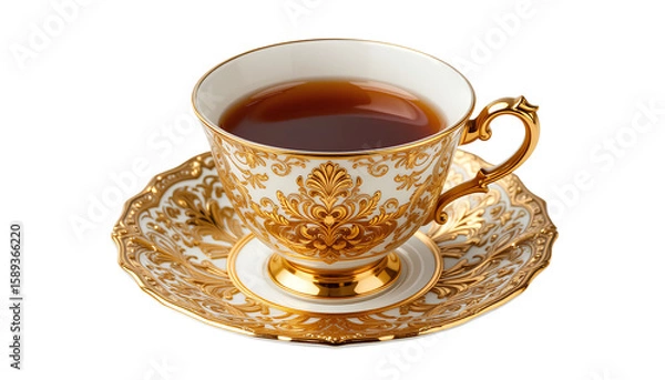 Obraz Ornate Golden Teacup and Saucer – Porcelain Rococo Style with Gold Filigree and Dark Tea Isolated on Transparent Background