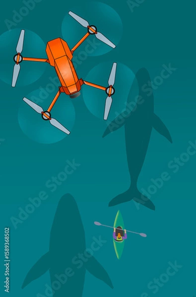 Obraz A person in a kayak is seen from overhead as a pod of whales swims in the ocean below the boat in a 3-d illustration.