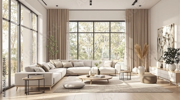 Obraz Sunlit Minimalist Living Room Interior Design with Large Panoramic Windows