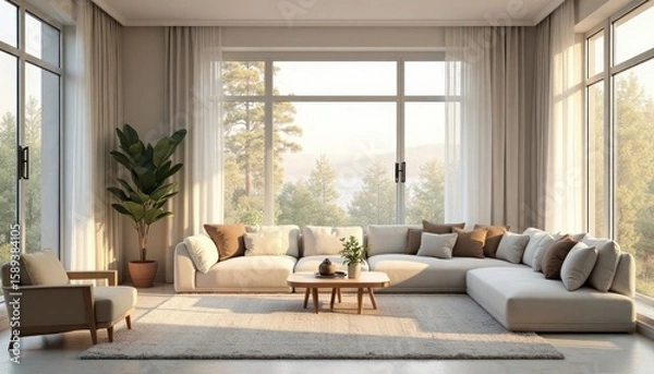 Obraz Sunlit Minimalist Living Room Interior with Large Windows and Nature View