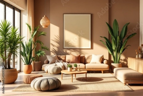 Fototapeta Bohemian Living Room Interior with Blank Frame Mockup in Warm Sunlight
