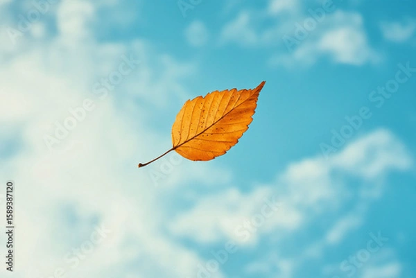 Obraz Single Orange Leaf Floating Against Bright Blue Sky Background