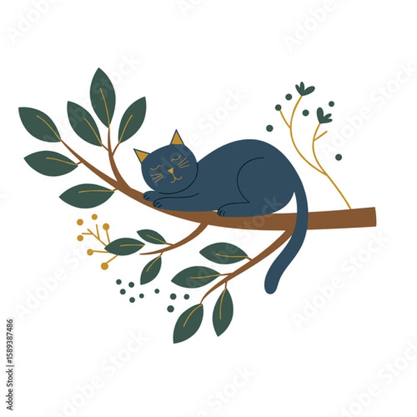 Fototapeta Adorable Scandinavian style sleeping cat illustration for cozy home decor, pet related branding and nursery design, textiles, souvenirs, mugs.