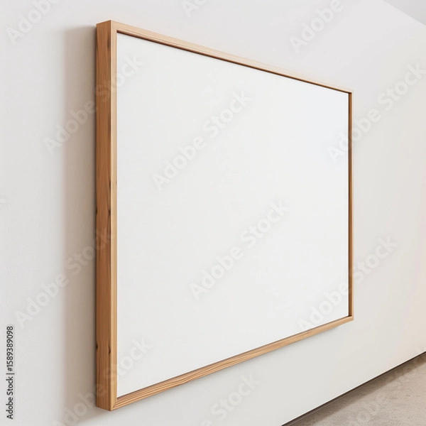 Fototapeta Living space with a landscape orientation blank frame mockup from side view, styled with modern interior design elements and warm tones