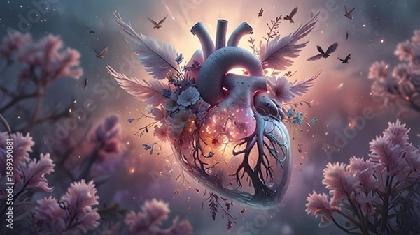 Fototapeta there is a heart with wings and flowers in the middle of it 