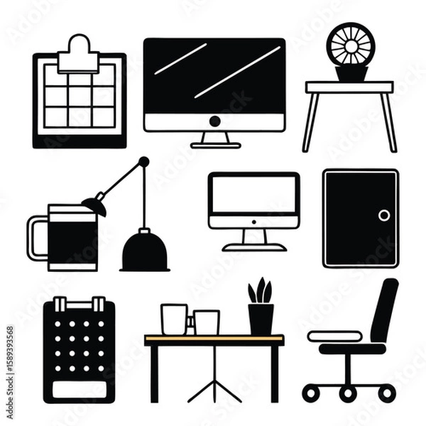 Obraz Silhouette Vector of Modern Office Essentials Minimalist Design for Remote Work, Productivity, and Business Presentations