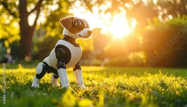 Fototapeta Futuristic robotic dog blends technology and nature in a sunny park setting, symbolizing the coexistence of AI companions with outdoor lifestyle and pet trends