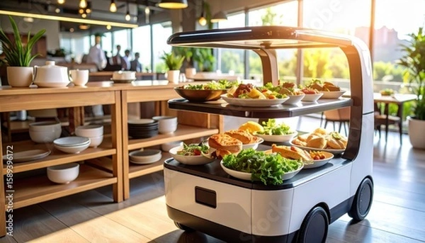 Fototapeta Food delivery robot serving meals in a restaurant shows the rise of automation in hospitality, redefining service efficiency and futuristic dining experiences