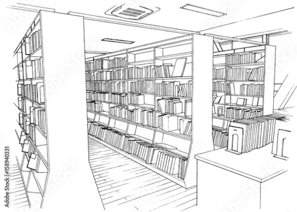 Fototapeta 漫画風ペン画イラスト　図書室