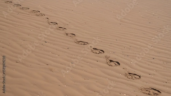 Fototapeta taken using full-frame DSLR, 50mm lens, delicate footprint trail winding across pristine sandy shoreline with soft shadow play