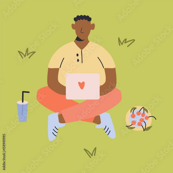 Fototapeta Black male freelancer in the park working on a laptop. Illustration of a digital nomad man. Isolated flat vector design