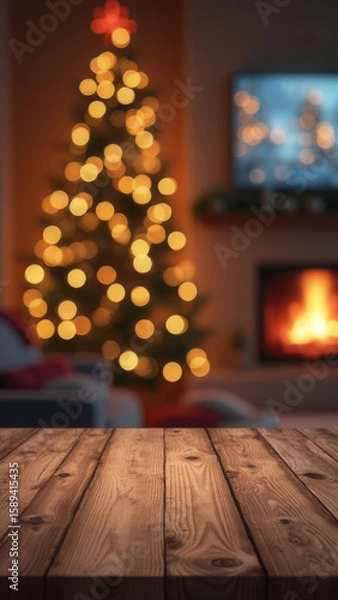 Obraz Interesting xmas room empty rustic table with glowing tree and fireplace cozy home mock up