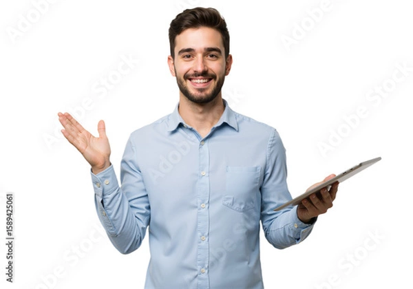 Fototapeta Portrait of a Smiling Businessman with Tablet: Professional Business Concept, isolated on a Transparent Background PNG.