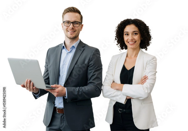Fototapeta Professional Business Team: Smiling Man and Woman with Laptop, isolated on a Transparent Background.