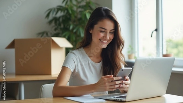Obraz cheerful woman running an online business from home, using her phone and laptop