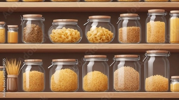 Fototapeta Wooden shelves filled with various sized glass jars. The jars hold different types of pasta, grains, and cereals, creating a neat display.