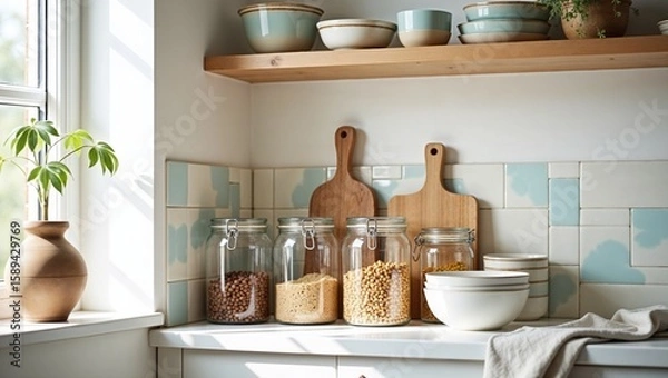 Fototapeta Bright kitchen counter with transparent jars filled with various grains. Decorative cutting boards and a shelf with ceramic dishes adorn the wall.