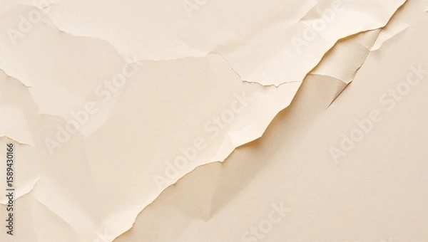 Fototapeta Macro shot of a crumpled sheet of beige paper. Prominent folds and shadows create an abstract pattern.