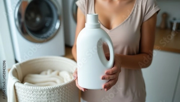 Obraz Woman holding a white detergent bottle, ready for laundry, with a basket of clean towels and a washing machine in the background.
