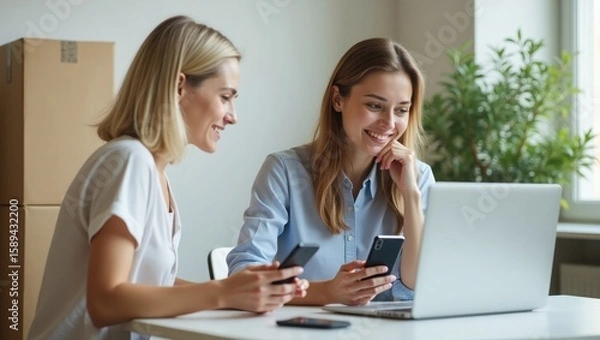Obraz cheerful woman running an online business from home, using her phone and laptop
