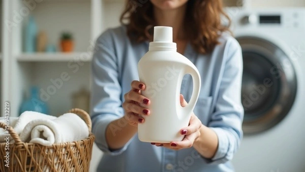Obraz Woman holding a white detergent bottle, ready for laundry, with a basket of clean towels and a washing machine in the background.