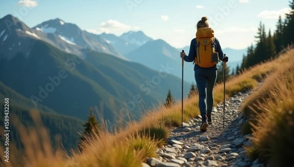Obraz Female hiker with orange backpack and trekking poles walking on mountain trail through alpine landscape with snow-capped peaks and evergreen forest in background