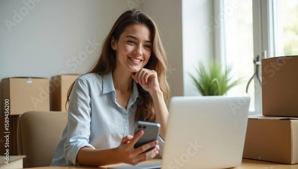 Obraz cheerful woman running an online business from home, using her phone and laptop