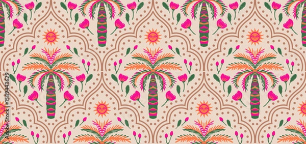 Obraz Hand drawn palm tree damask seamless pattern. Hawaiian ethnic print, summer holiday background in vintage style. Tropical plant painting. Design for fabric, textile, wallpaper and decoration.