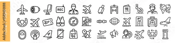 Fototapeta Icon set of various plane travel symbols isolated in minimalist style  