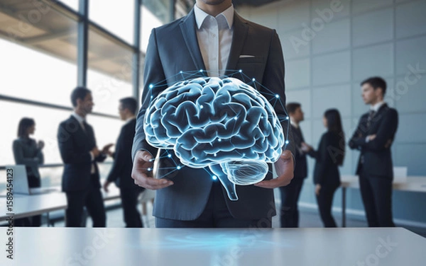 Fototapeta Businessman displaying illuminated brain concept illustrating innovative thinking and strategic business ideas in modern office environment