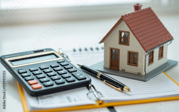 Fototapeta Calculating home ownership costs with a miniature house calculator pen and paper on a white surface.