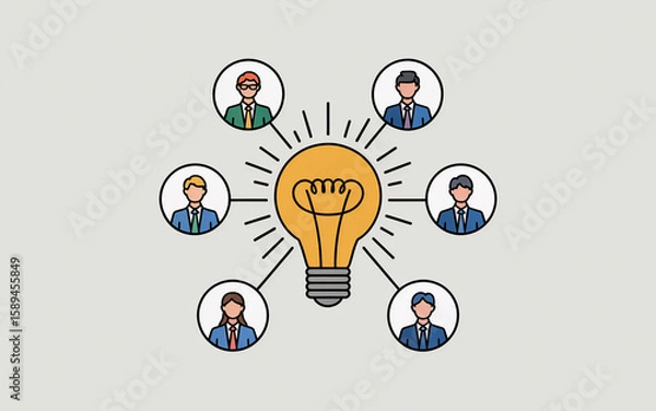 Fototapeta Collaborative idea generation represented by business professionals and bright lightbulb symbolizing innovation and teamwork