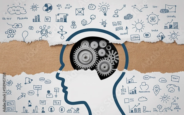 Fototapeta Conceptual representation of brain mechanics creative thoughts and ideas with gears and sketches illustrated