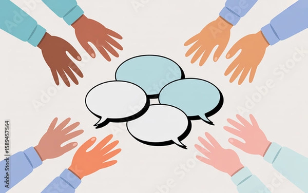 Fototapeta Diverse hands surrounding speech bubbles illustrating communication collaboration and discussion with inclusive community engagement concept