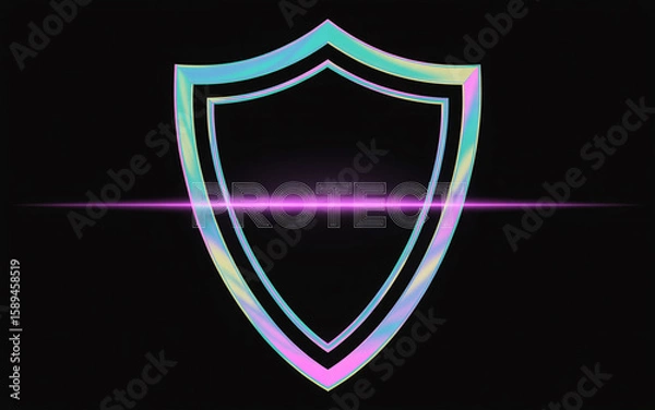 Fototapeta Holographic shield symbol with protect text featuring vibrant iridescent colors and futuristic design on a black background