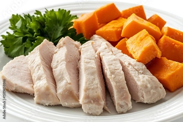 Obraz Healthy meal featuring sliced chicken breast, sweet potato chunks, and fresh parsley on plate
