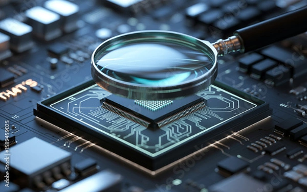 Fototapeta Magnifying glass over a computer processor revealing electronic circuits and digital components in a futuristic composition