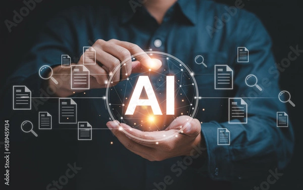 Fototapeta Man holding ai symbol with documents illustrating artificial intelligence and information technology future concepts