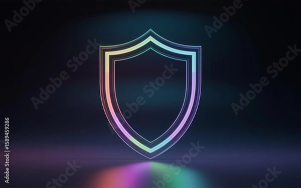 Fototapeta Neon shield graphic on dark background illuminating protection and cyber security representing safety and defense concepts.