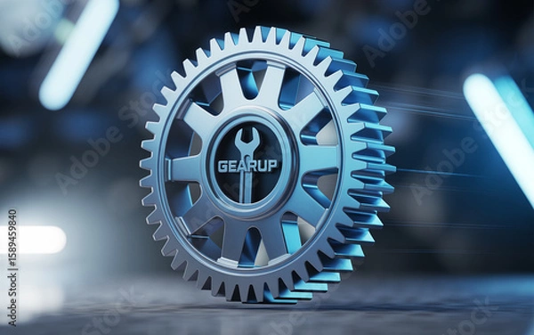 Fototapeta Shiny 3d gear with gear up text and wrench symbol depicting mechanics and concepts of maintenance and improvement