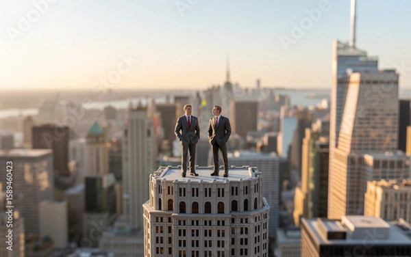 Fototapeta Two business professionals standing on top of a skyscraper with a panoramic view of new york city at sunset