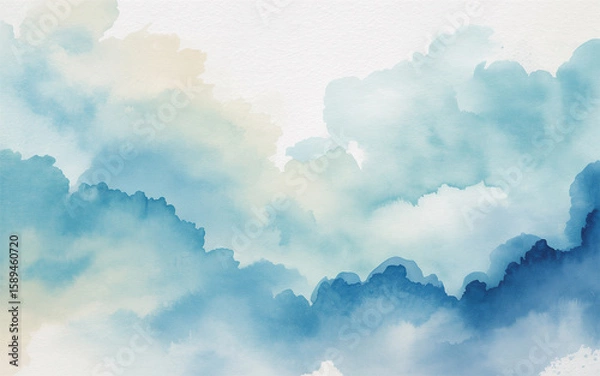 Fototapeta Watercolor abstract artwork featuring light blue and teal cloud formations on a white background for graphic design.