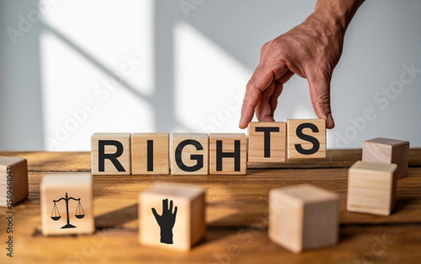 Fototapeta Wooden blocks spelling rights concept with hand arranging letters to symbolize justice and fundamental human rights