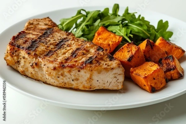 Obraz Grilled swordfish steak with roasted sweet potatoes and arugula on a white plate, healthy meal