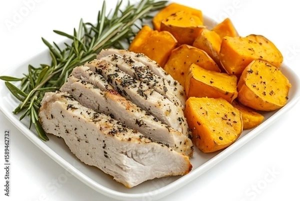 Obraz Sliced chicken breast with roasted sweet potatoes and rosemary for a healthy meal