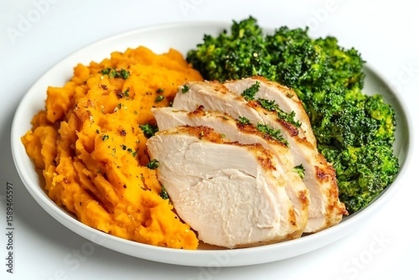 Obraz Healthy balanced meal featuring roasted chicken breast, mashed sweet potatoes, and green broccoli