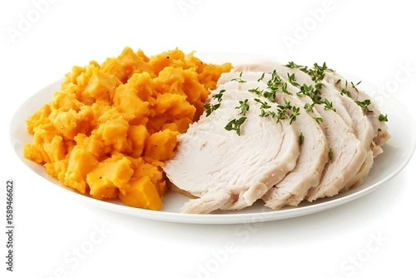 Obraz Roasted turkey breast slices with thyme and mashed sweet potatoes for Thanksgiving dinner