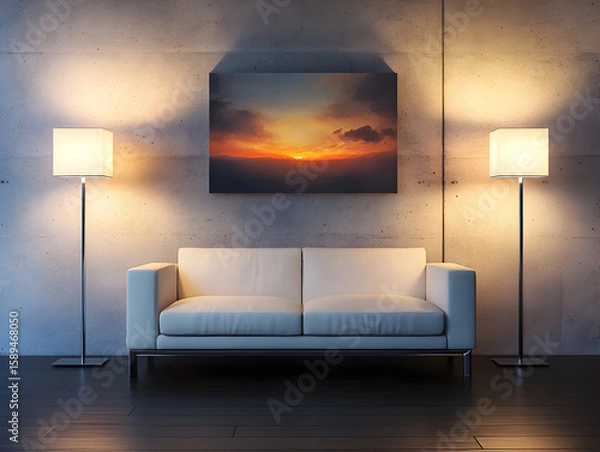 Fototapeta Photorealistic image of a modern living room with floor lamps and a sofa, featuring dark wood flooring and concrete walls