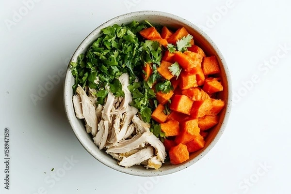 Obraz Healthy bowl featuring chicken, sweet potato, and cilantro for nutritious eating and balanced diet