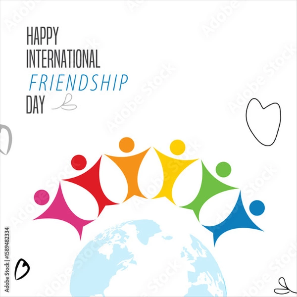 Fototapeta Happy International Friendship Day illustration with colorful diverse people holding hands over the globe.